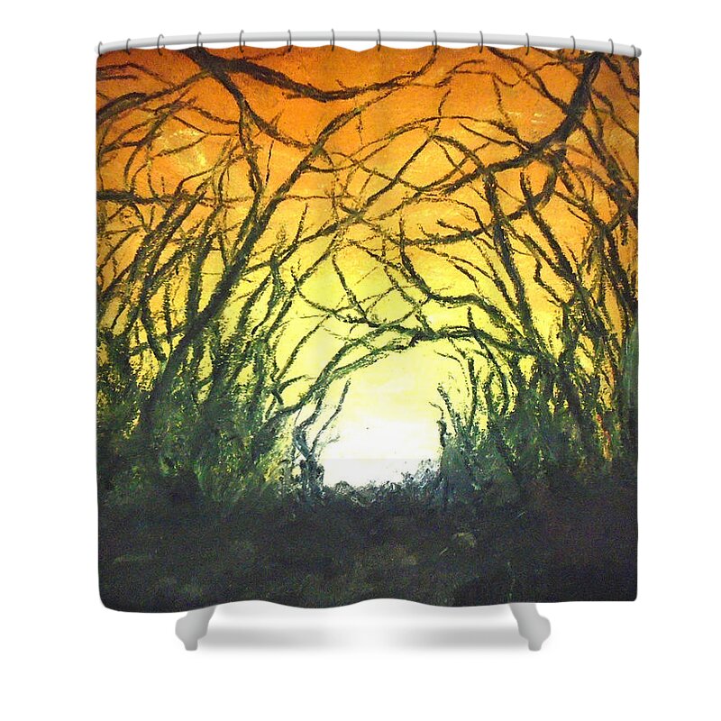 Yellow Sunset Shower Curtain featuring the painting Autumn's Plight by Jen Shearer