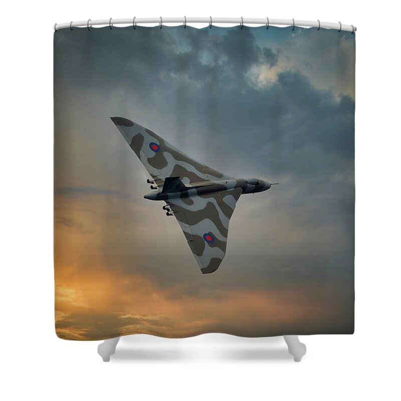 Aerial Shower Curtain featuring the photograph Avro Vulcan RAF Bomber Aircraft by Rick Deacon