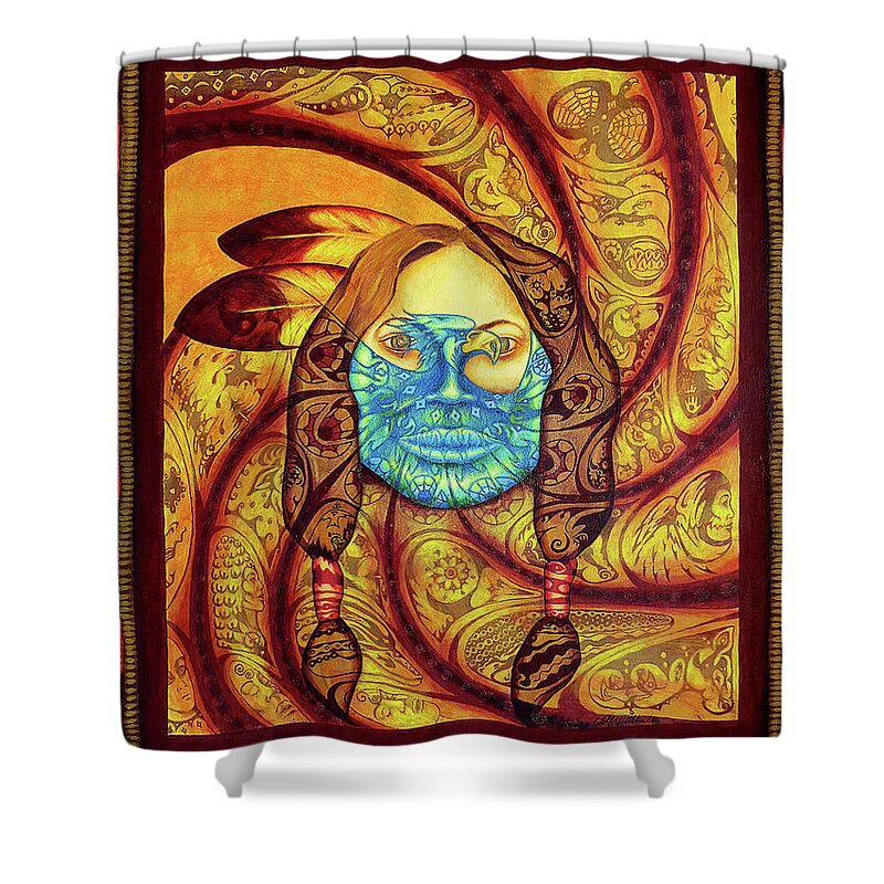 Native American Shower Curtain featuring the painting Awakenings by Kevin Chasing Wolf Hutchins