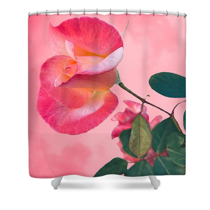 Rose Flower Pink White Green Leaves Background Watercolor Shower Curtain featuring the digital art Awesome Baby Pink Rose by Kathleen Boyles