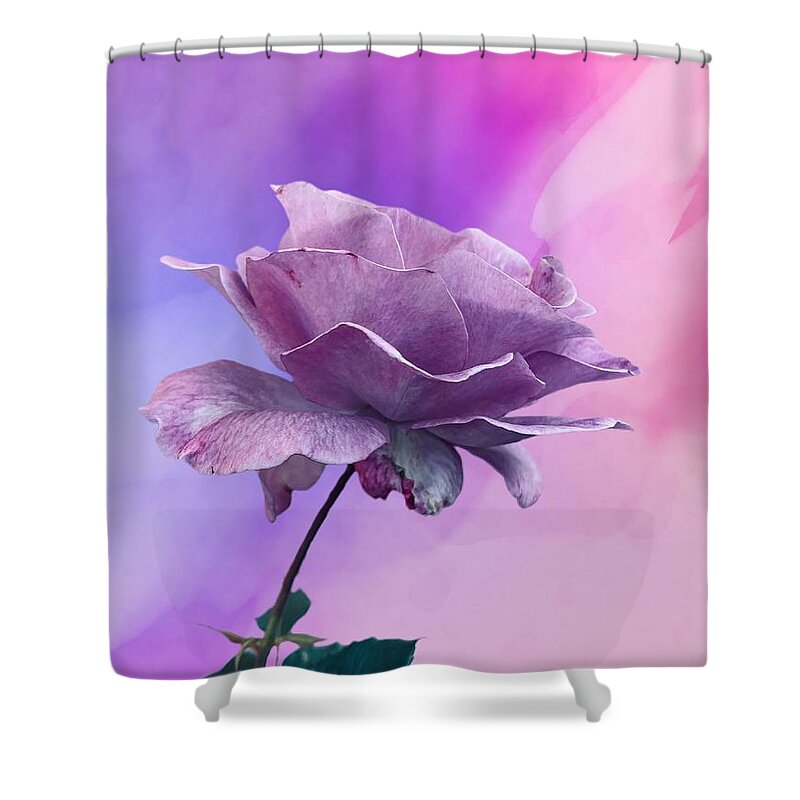 Rose Flower Lavender Blue Pink Green Leaves Shower Curtain featuring the digital art Awesome Lavender Rose by Kathleen Boyles