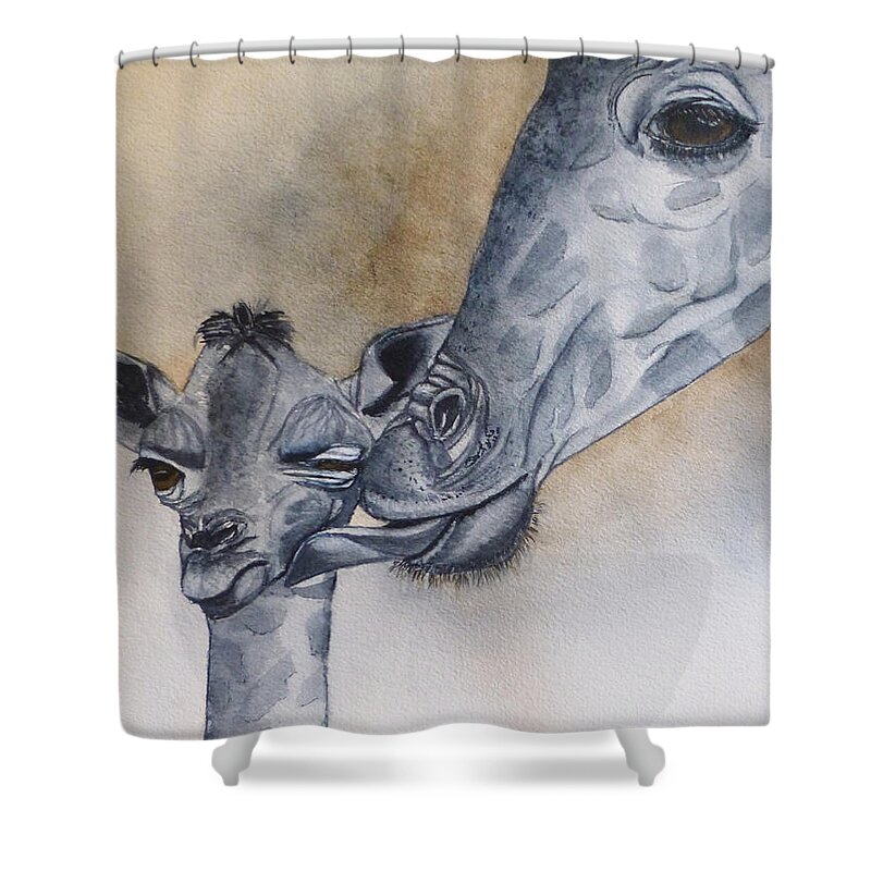 Giraffes Shower Curtain featuring the painting Baby Giraffe and Mama by Kelly Mills