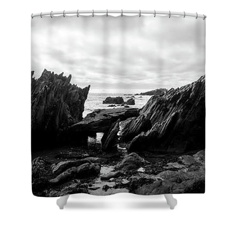 Devon Shower Curtain featuring the photograph Ayrmer Cove South hams Devon Black and White by Sonny Ryse