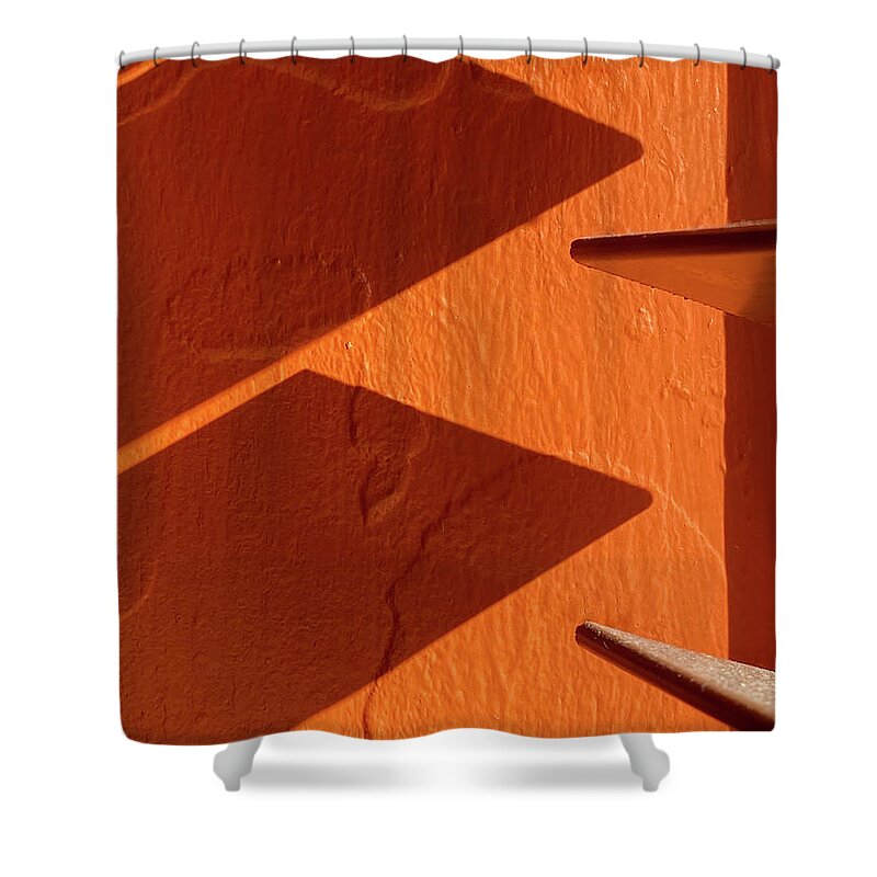 Shadows Shower Curtain featuring the photograph Aztec Shadows #2 - venetian blind shadow at a Mexican restaurant on orange wall by Peter Herman