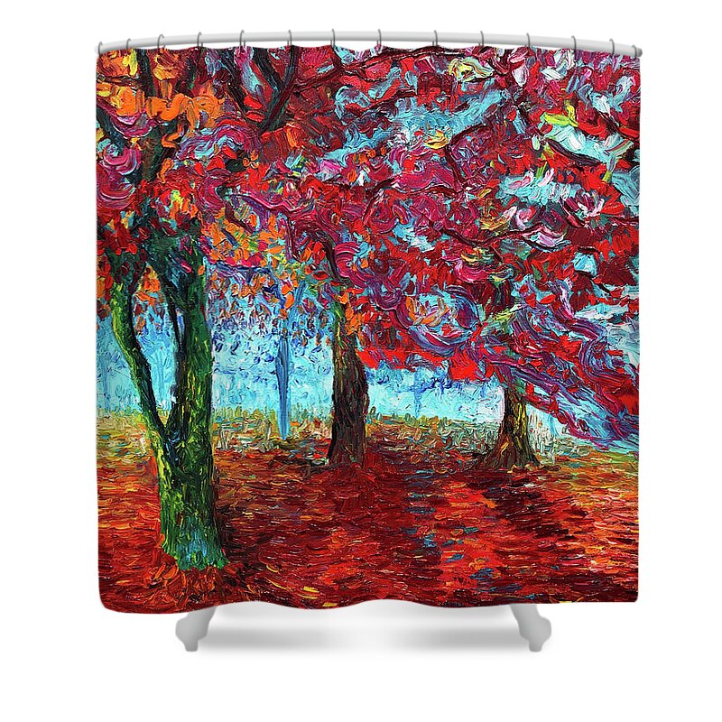 Trees Shower Curtain featuring the painting Azure Mist by Chiara Magni