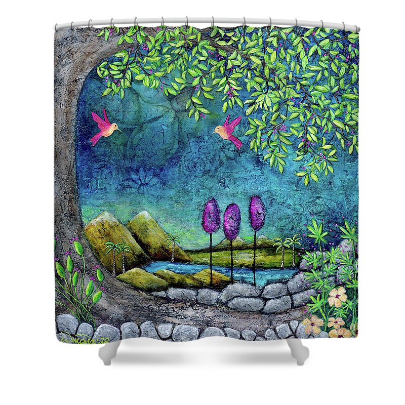 Dreamscape Shower Curtain featuring the painting Azure Oasis by Winona's Sunshyne