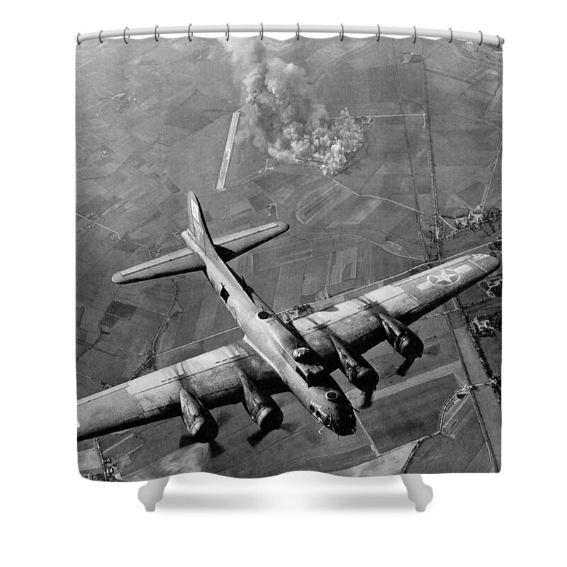 B 17 Bomber Shower Curtain featuring the photograph B-17 Bomber Over Germany - WW2 - 1943 by War Is Hell Store