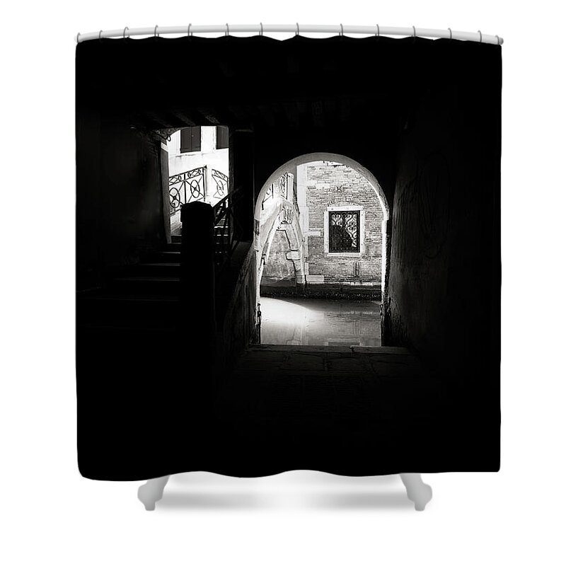 Black&white Shower Curtain featuring the photograph B0008674xBNs - Sottoportico nel sole by Marco Missiaja