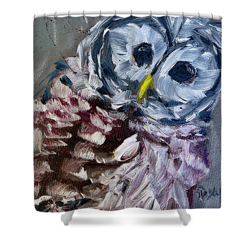 Barred Owl Shower Curtain featuring the painting Baby Barred Owl by Roxy Rich
