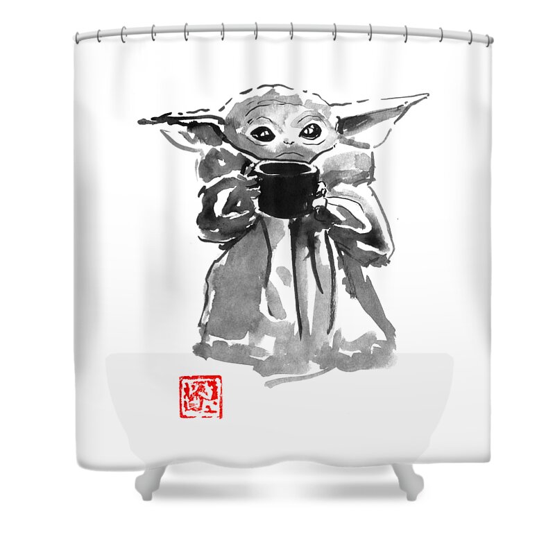 Baby Yoda Shower Curtain featuring the drawing Baby Yoda Face by Pechane Sumie