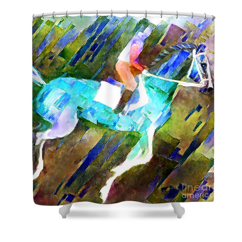 Equestrian Art Shower Curtain featuring the digital art Backstretch Thoroughbred 005 by Stacey Mayer by Stacey Mayer