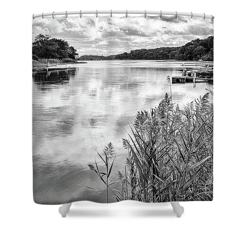 Salt Marsh Shower Curtain featuring the photograph Backwater Reflections Black and White by Marianne Campolongo
