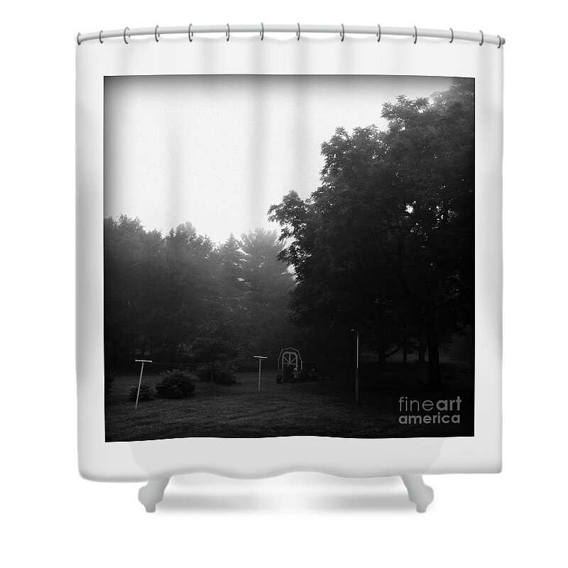 Landscape Shower Curtain featuring the photograph Backyard Morning Fog - Black and White by Frank J Casella