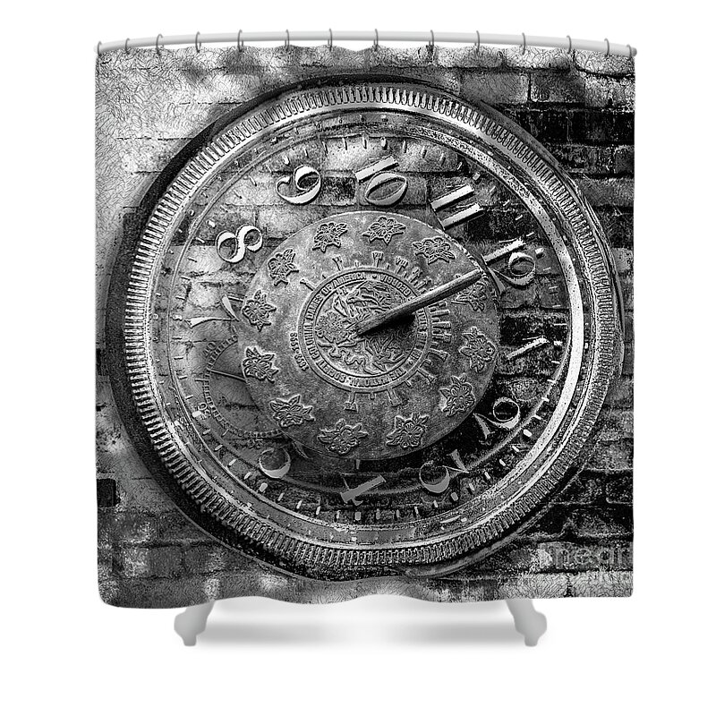 Digital Shower Curtain featuring the digital art Backyard Sundial - Black And White by Anthony Ellis