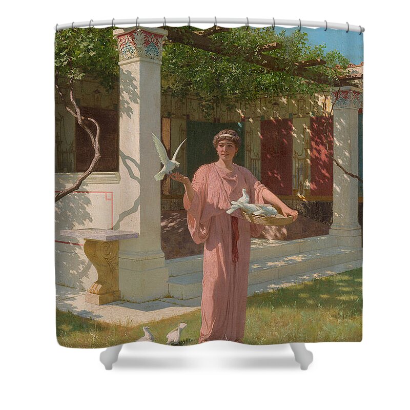 Bakalowicz Shower Curtain featuring the painting BAKALOWICZ, STEFAN Feeding the Doves, ROME 1918. by Artistic Rifki