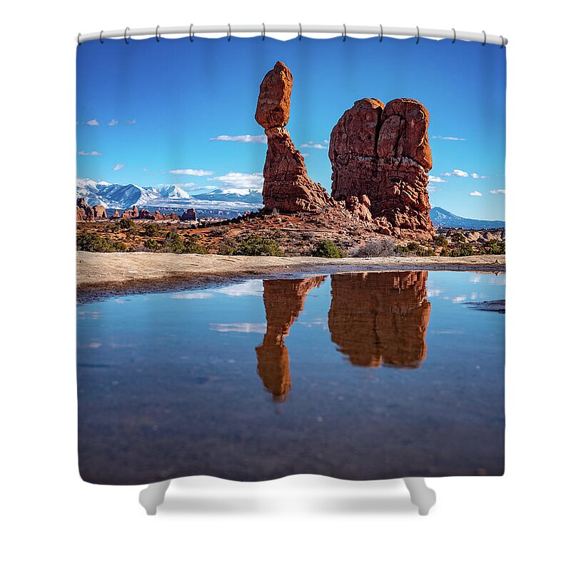 Arches Shower Curtain featuring the photograph Balanced Rock by Edgars Erglis