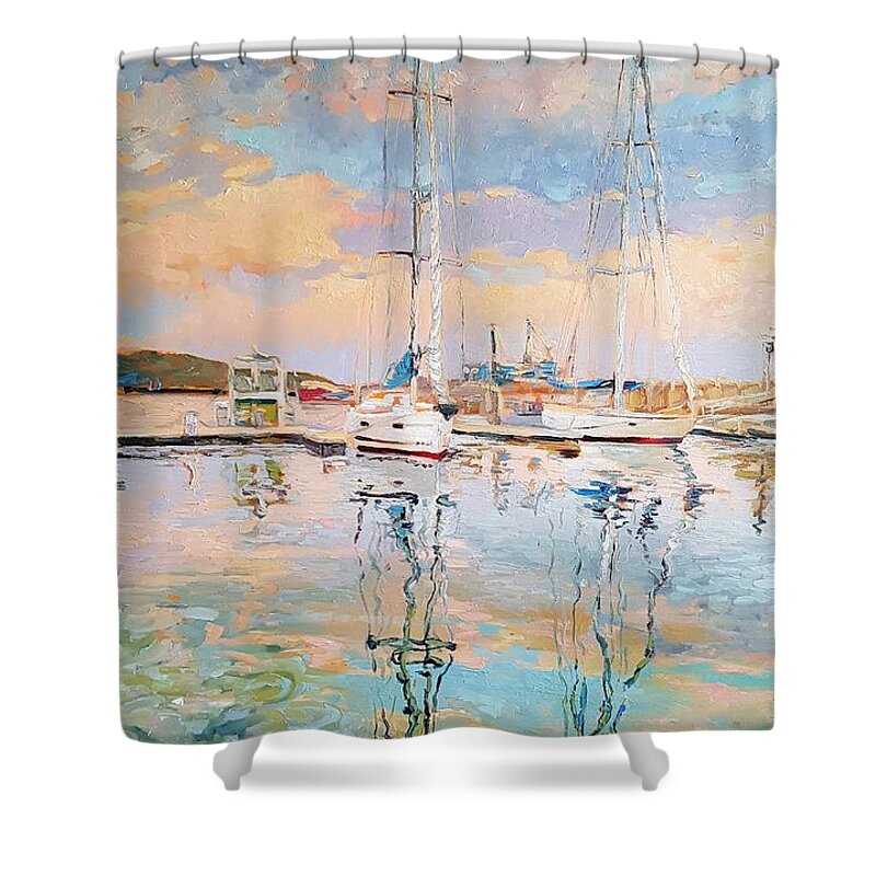 Seascape Shower Curtain featuring the painting Balchik reflexion seascape oil on canvas by Vali Irina Ciobanu by Vali Irina Ciobanu