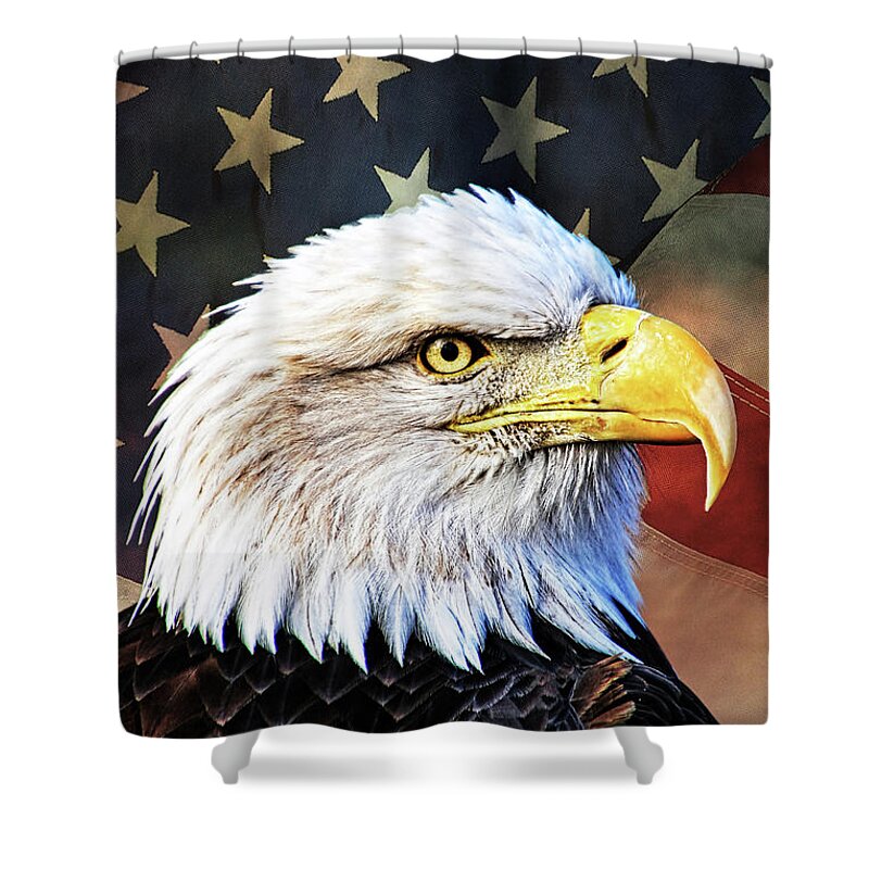 Bald Eagle Shower Curtain featuring the photograph Bald Eagle with Flag by Tom Watkins PVminer pixs