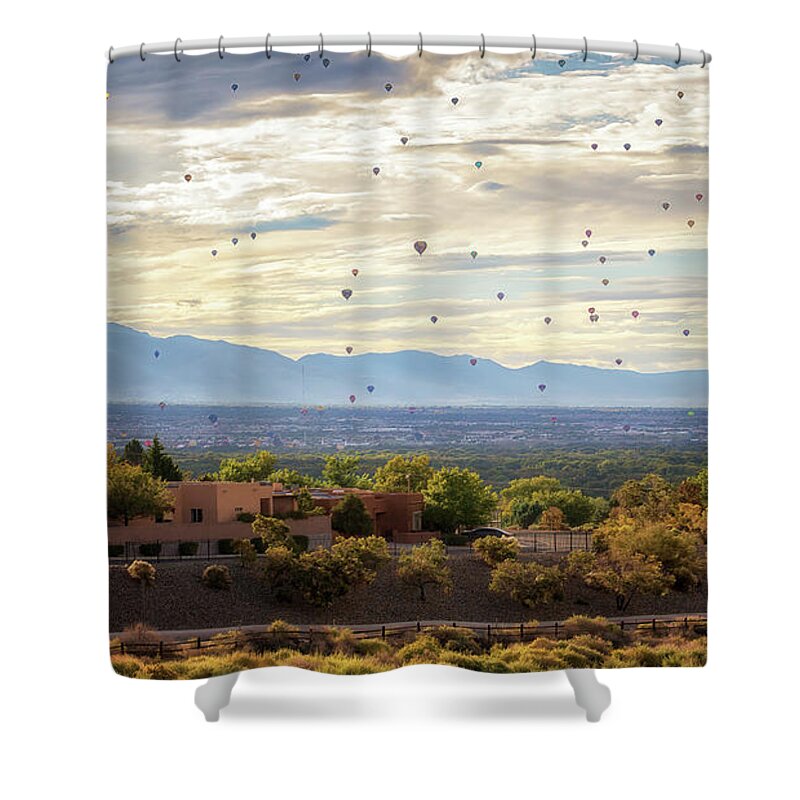New Mexico Shower Curtain featuring the photograph Balloon Fiesta - Mass Ascension Landscape by Susan Rissi Tregoning