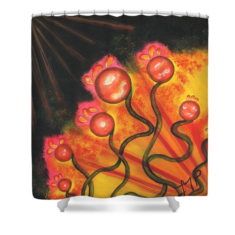 Red Shower Curtain featuring the painting Balls and Bulbs by Esoteric Gardens KN