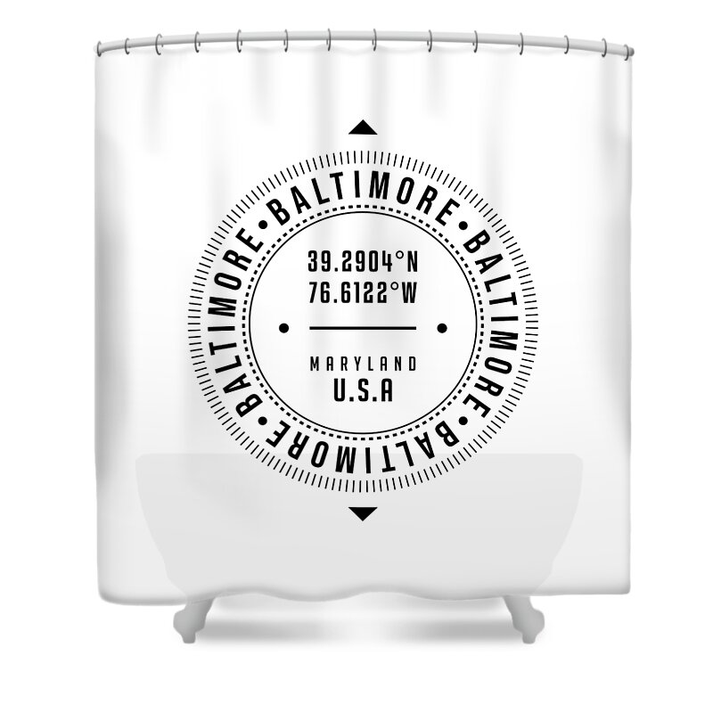 Baltimore Shower Curtain featuring the digital art Baltimore, Maryland, USA - 1 - City Coordinates Typography Print - Classic, Minimal by Studio Grafiikka