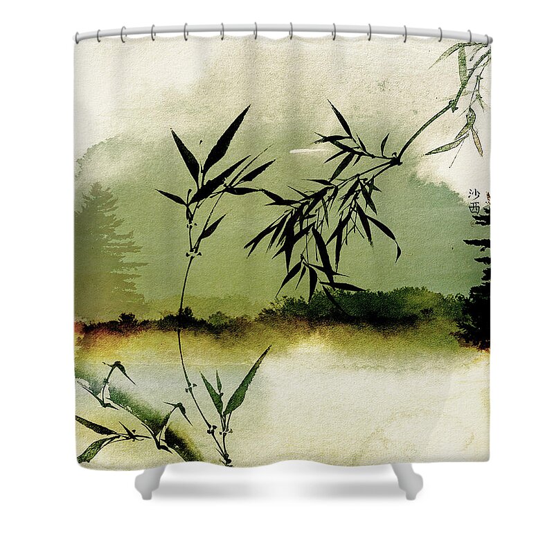 Sunsets Shower Curtain featuring the mixed media Bamboo Sunsset by Colleen Taylor
