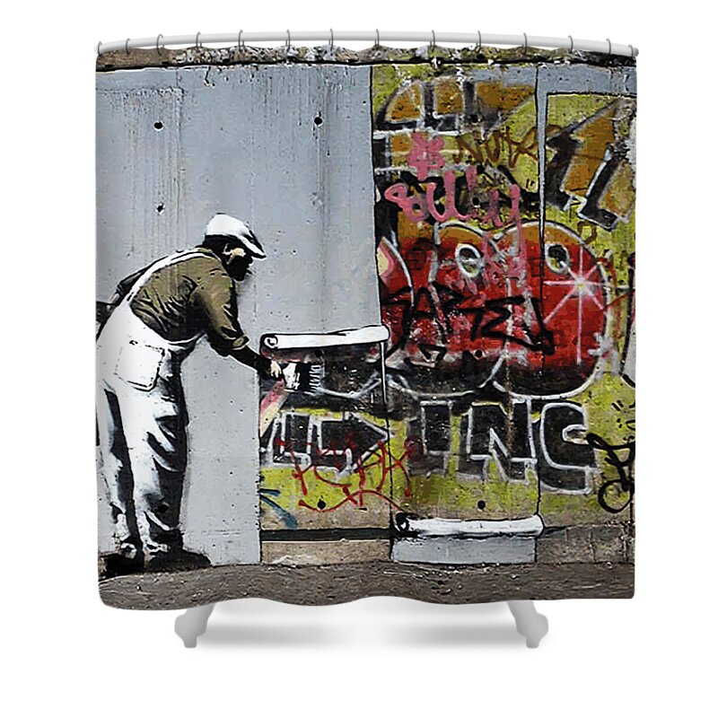 Banksy graffiti man Shower Curtain by Banksy - Pixels
