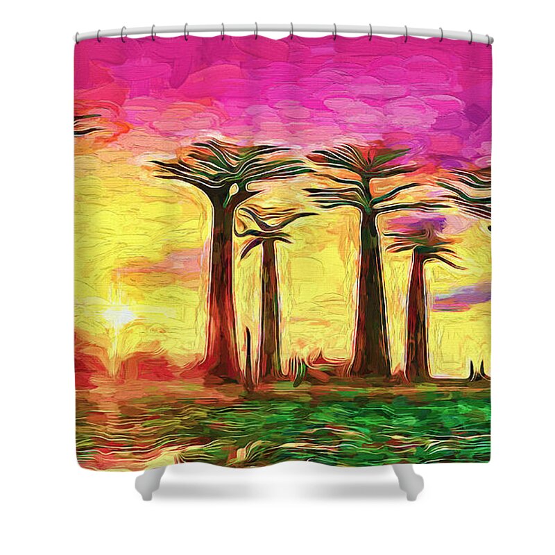 Paint Shower Curtain featuring the painting Baobab sunset by Nenad Vasic