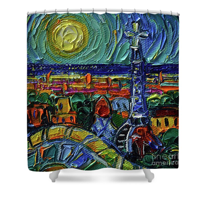 Barcelona Rooftops View From Park Guell Shower Curtain featuring the painting BARCELONA ROOFTOPS VIEW FROM PARK GUELL miniature oil painting on 3D canvas Mona Edulesco by Mona Edulesco