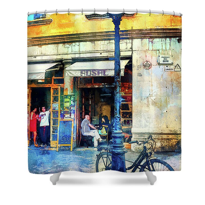 Barcelona Shower Curtain featuring the mixed media Barcelona street cafe and bike by Tatiana Travelways