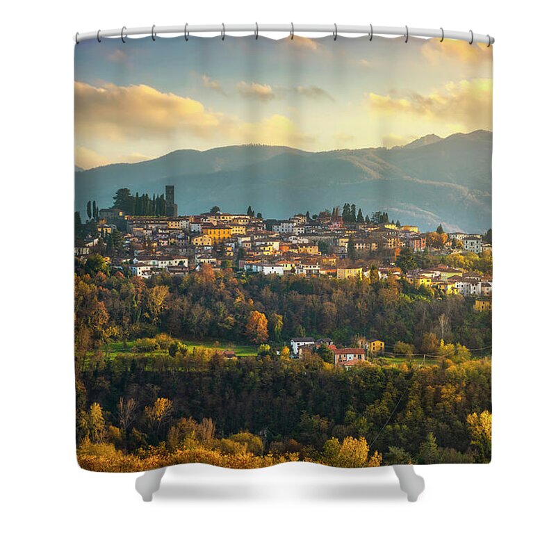 Barga Shower Curtain featuring the photograph Barga village in autumn. Garfagnana, Tuscany by Stefano Orazzini