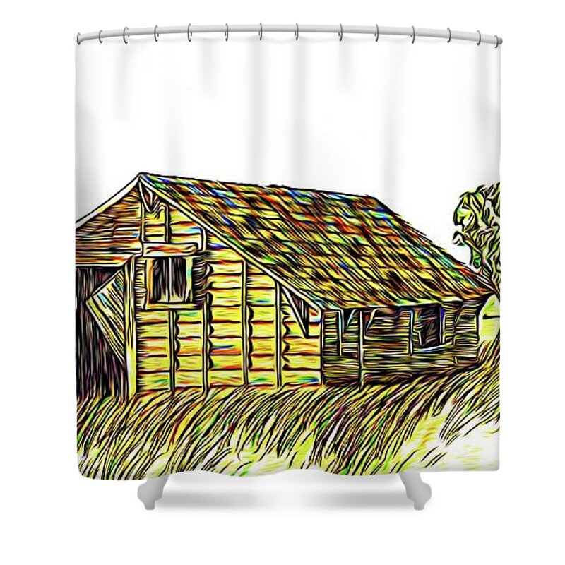 Barn And Windmill In Pen And Ink And Watercolor Abstract Expressionist Effect Shower Curtain featuring the mixed media Barn And Windmill in Pen and Ink and Watercolor Abstract Expressionist Effect by Rose Santuci-Sofranko