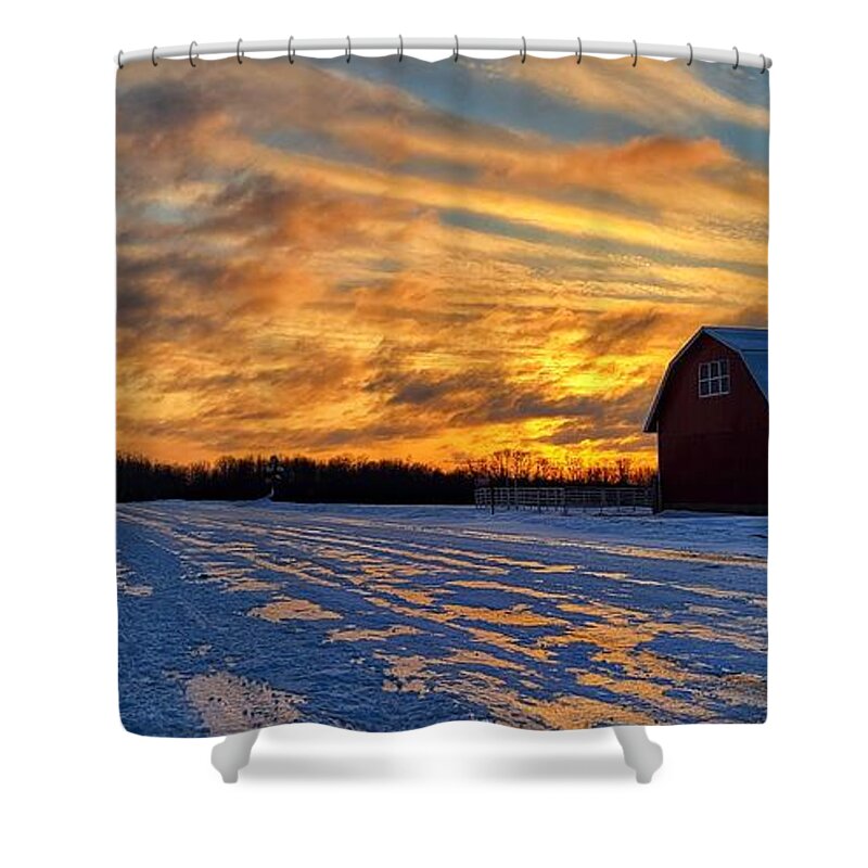Winter Shower Curtain featuring the photograph Barn Sunrise by Brook Burling