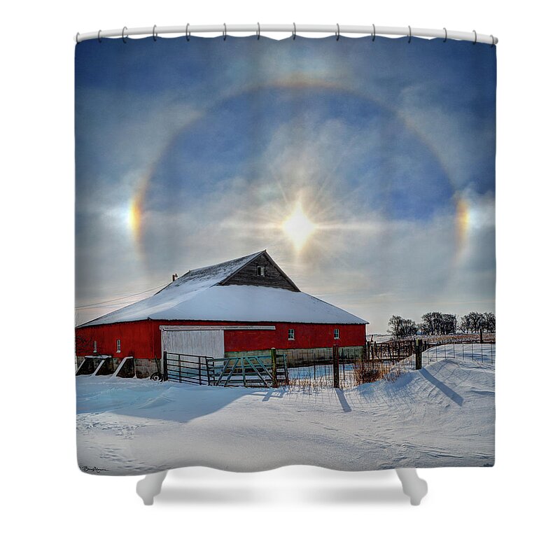 Sun Shower Curtain featuring the photograph Barn with Sun Dogs by Bruce Morrison
