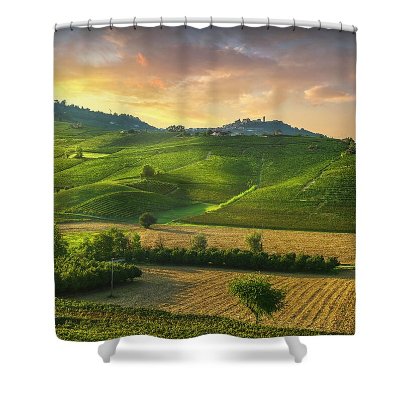 Vineyards Shower Curtain featuring the photograph Barolo wine vineyards and La Morra town. Langhe, Italy by Stefano Orazzini