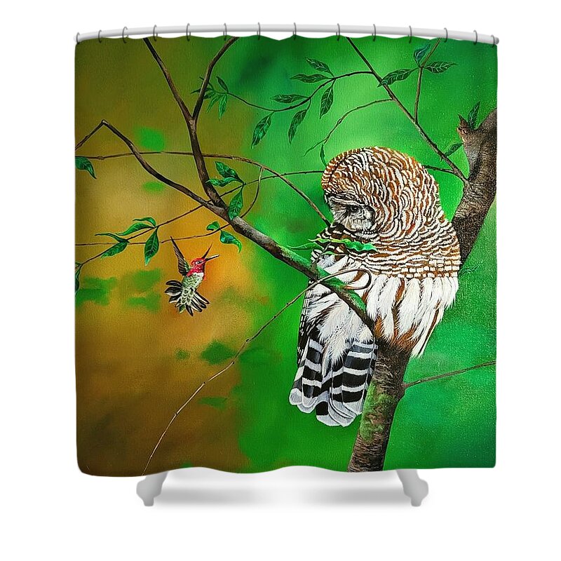 Birds Shower Curtain featuring the painting Barred Owl and Anna's hummingbird by Dana Newman