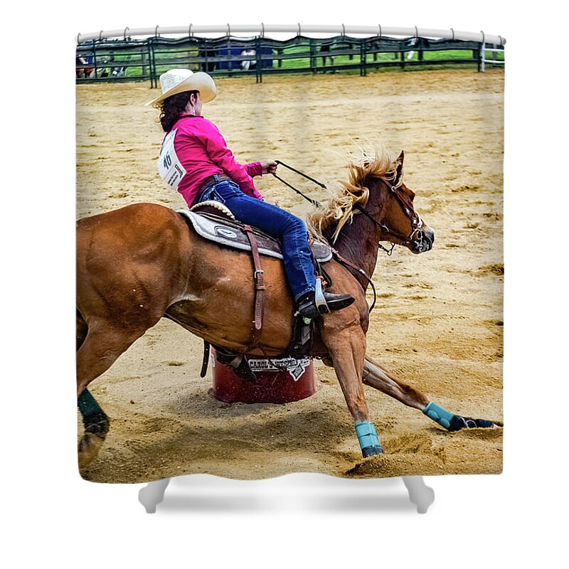 Horse Shower Curtain featuring the photograph Barrel Racer by Addison Likins
