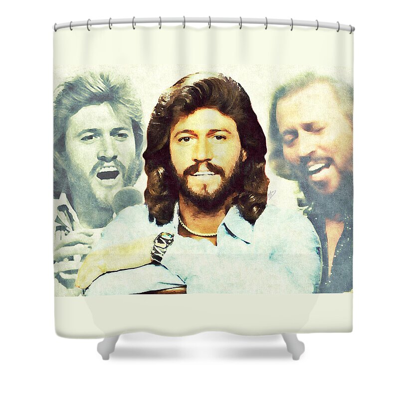 Bee Gees Shower Curtain featuring the painting Barry Gibb by Mark Baranowski