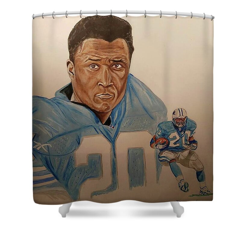 Barry Sanders Shower Curtain featuring the painting Barry Sanders. by Douglas Lentz