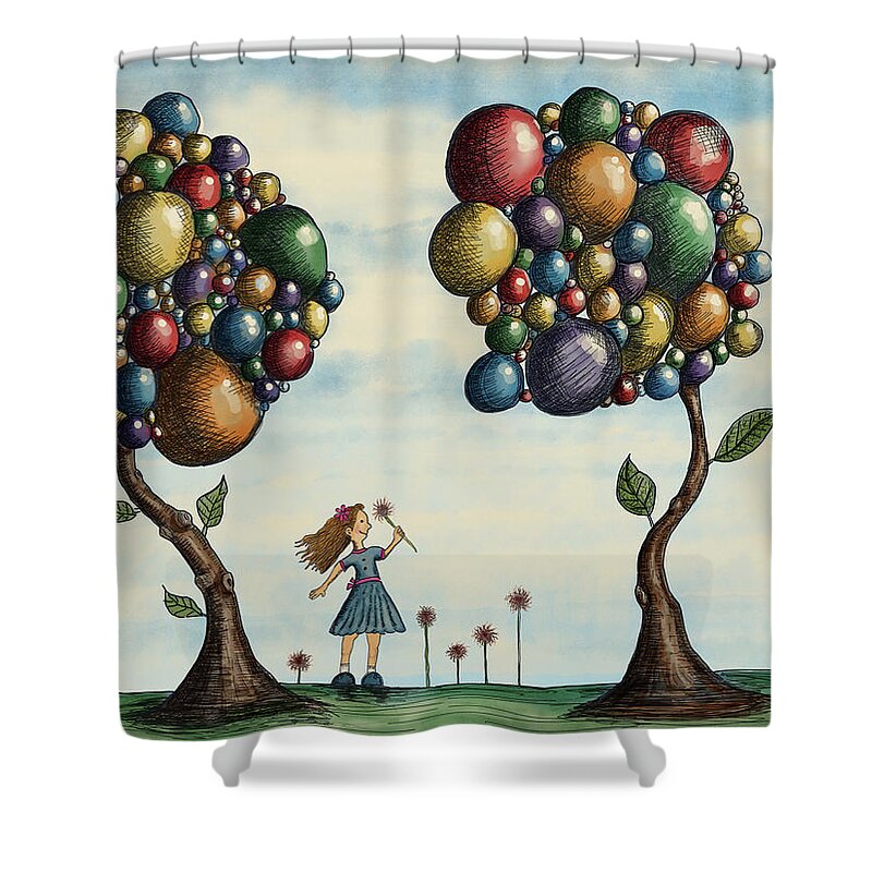 Illustration Shower Curtain featuring the drawing Basie and the Gumball Trees by Christina Wedberg