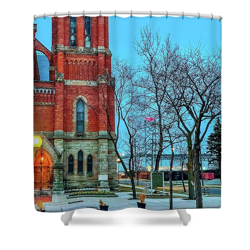 Detroit Shower Curtain featuring the photograph Basilica of Ste. Anne de Detroit and Ambassador Bridge IMG_7446 by Michael Thomas
