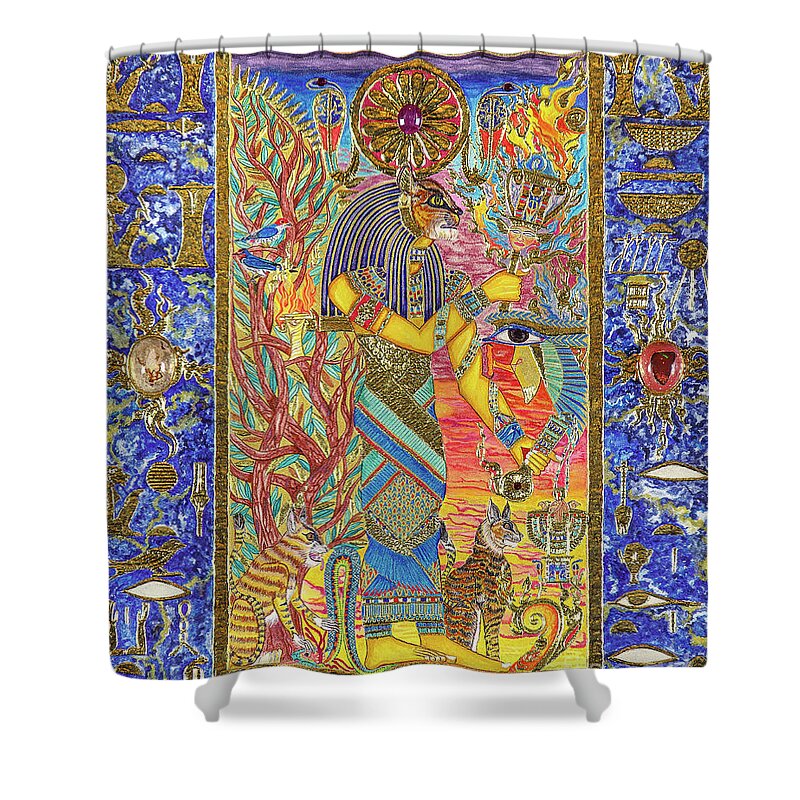 Bast Shower Curtain featuring the mixed media Bast the Light Bringer by Ptahmassu Nofra-Uaa