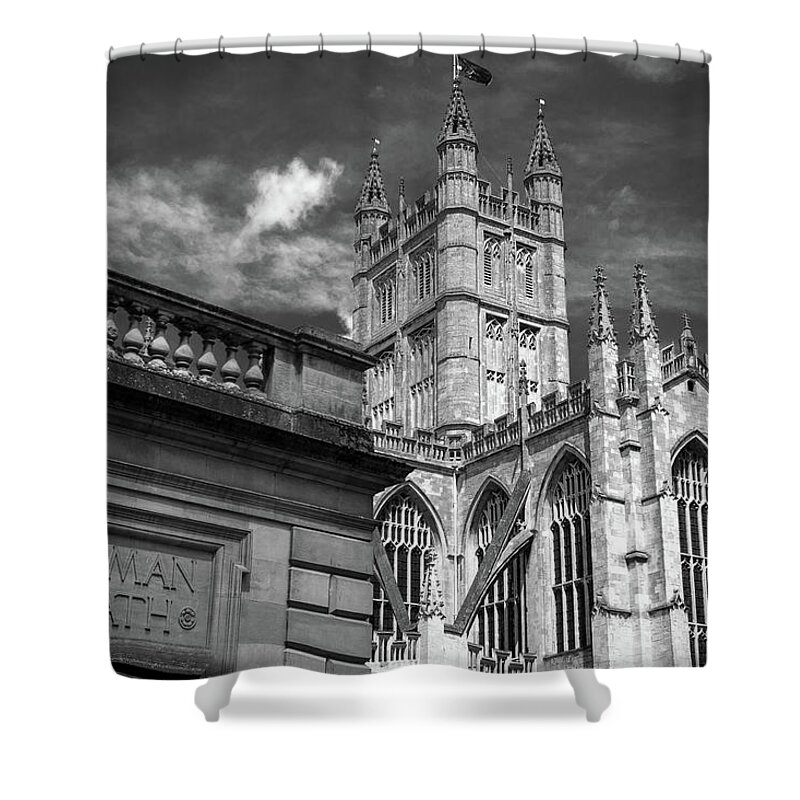 Bath Shower Curtain featuring the photograph Bath Abbey and Roman Baths sign by Seeables Visual Arts