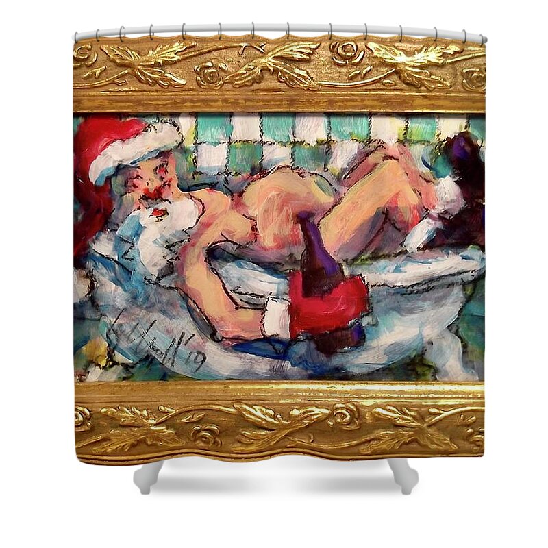 Painting Shower Curtain featuring the painting Bathing Santa by Les Leffingwell