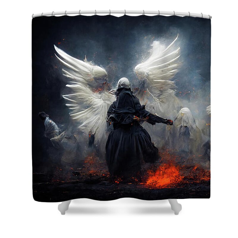 Angels Shower Curtain featuring the digital art Battle Angels fighting in Heaven and Hell 04 by Matthias Hauser
