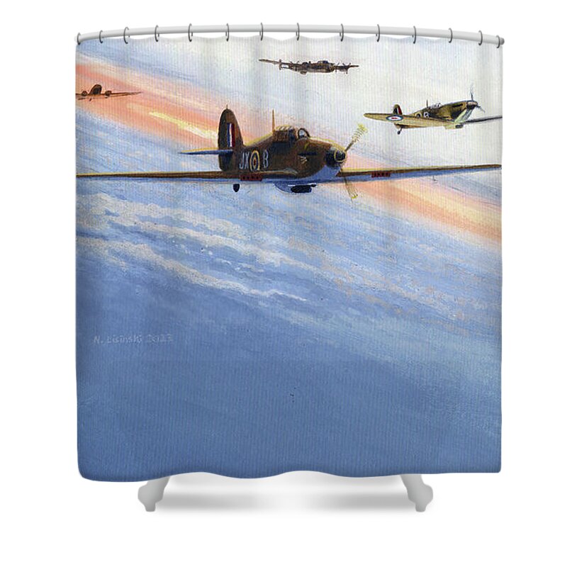 Fighter Plane Shower Curtain featuring the painting Battle of Britain Memorial Flight by Norb Lisinski