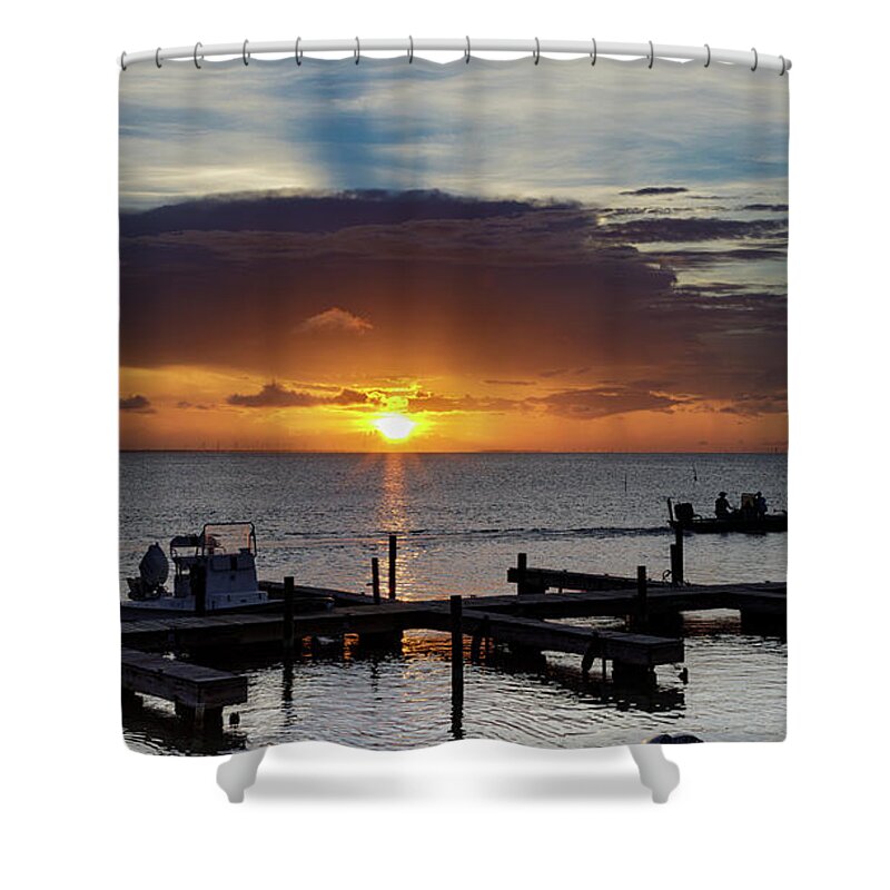 Pier Shower Curtain featuring the photograph Bay, Boats and Sunset by Steve Templeton