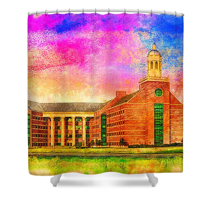 Baylor Science Building Shower Curtain featuring the digital art Baylor Science Building of the Baylor University in Waco, Texas - digital painting by Nicko Prints