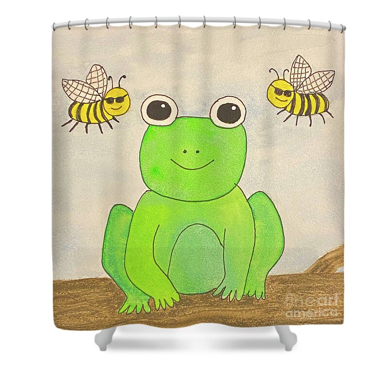Frog Shower Curtain featuring the mixed media Be Hoppy by Lisa Neuman