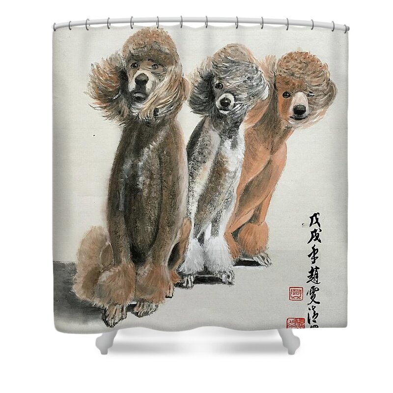 Poodle Portrait Dog Shower Curtain featuring the painting Be In The Same Boat by Carmen Lam